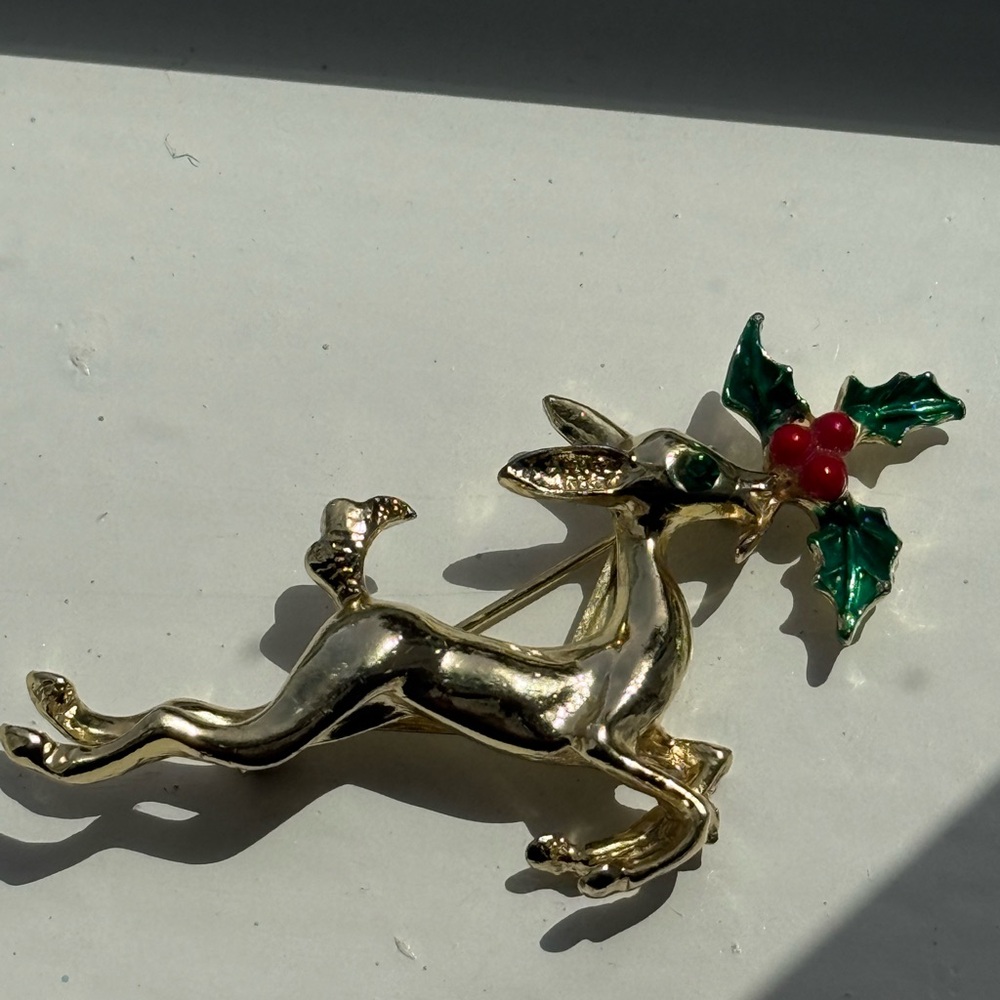 Vintage Gold Reindeer Brooch with Green and Red Accents